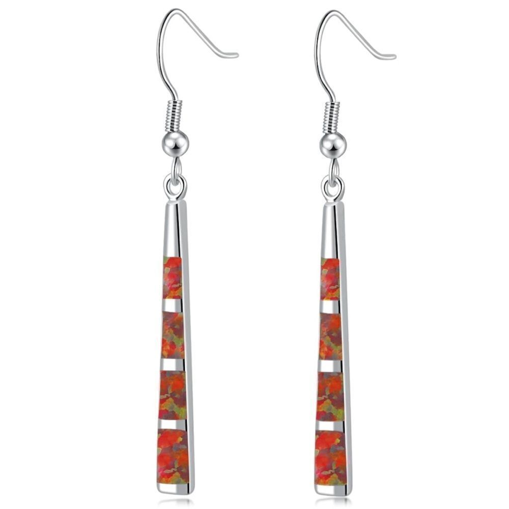 14K White Gold with Genuine Red Fire Opal Dangling Hook Tapered Bar Earrings